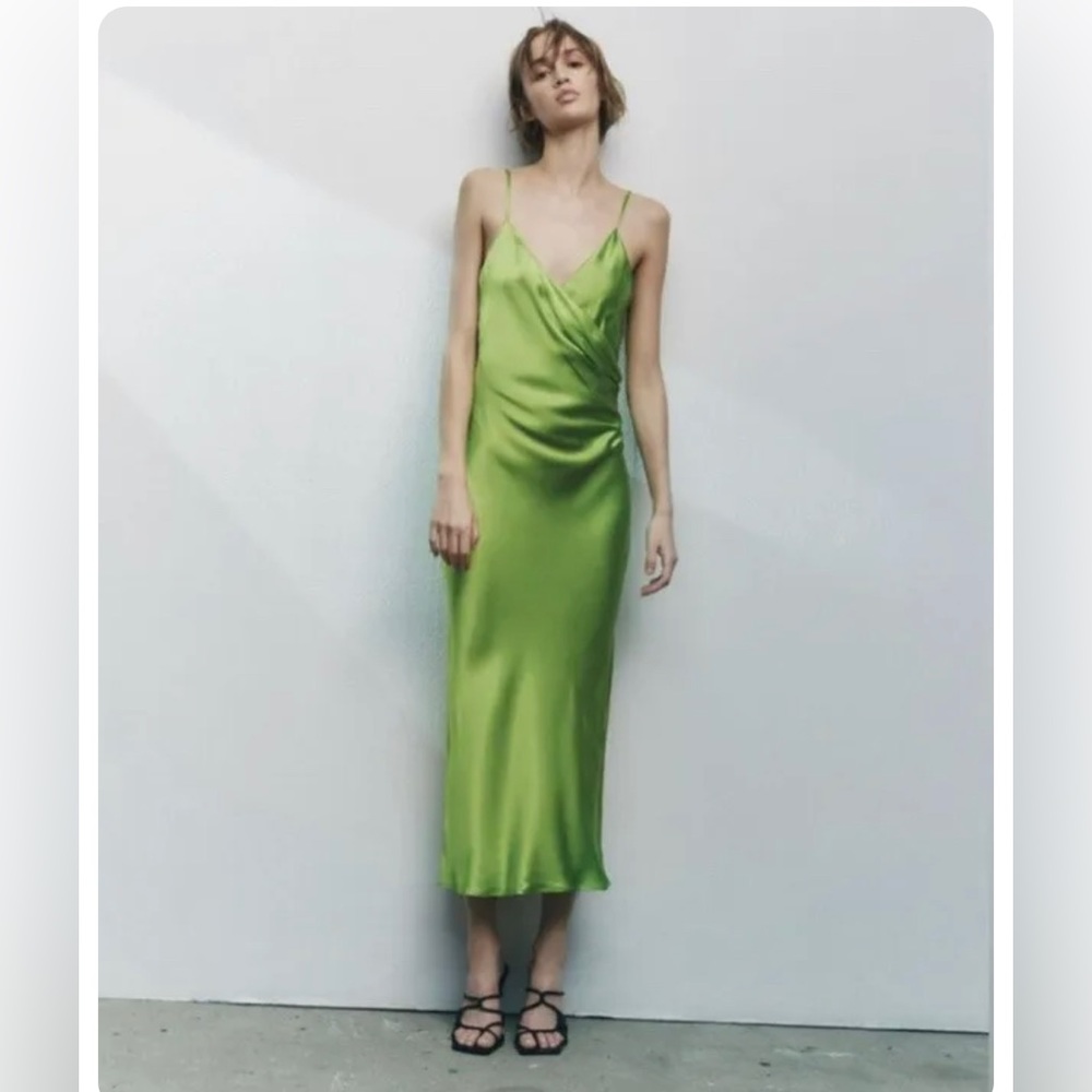Zara Lime Green V-Cut Satin Slip Dress